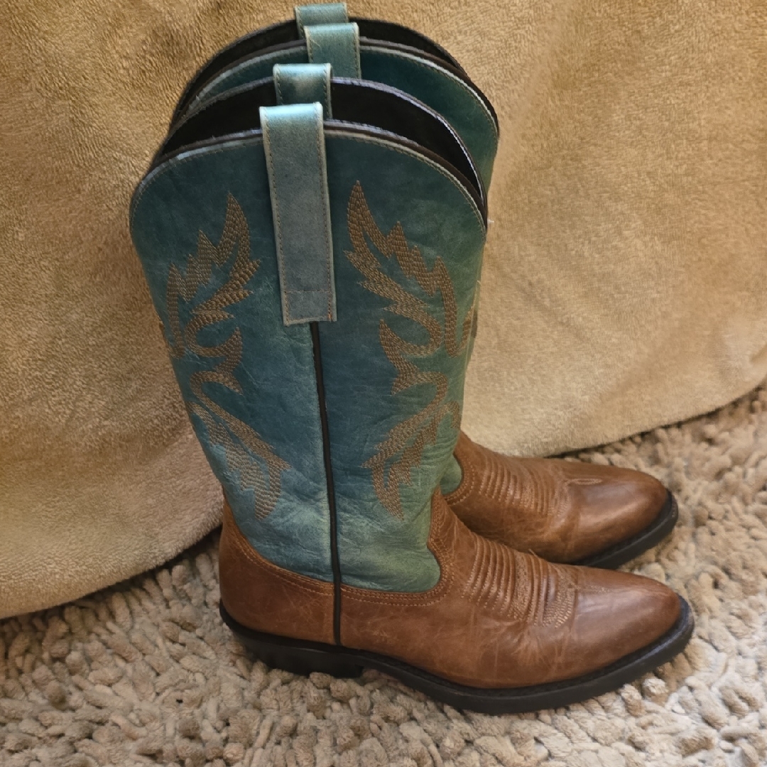 Masterson Boot Boys Size 6 1/2 Women's 8 Tan Aqua Western Rodeo 4-H Fair Boots